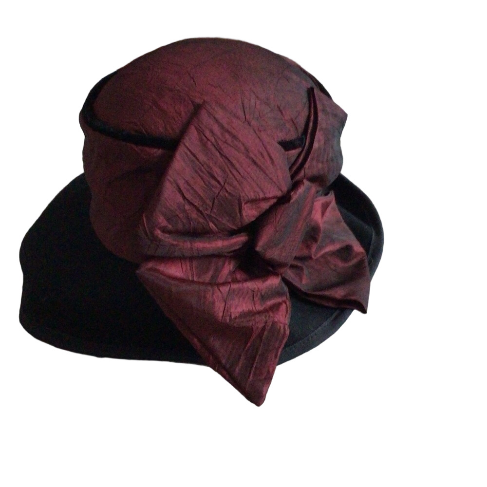 Toucan Collection New York Black Wool Wide Brim Hat Burgundy Silk Trim
